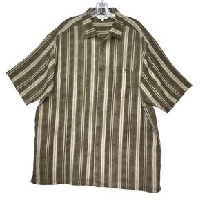 Genelli Men's Striped Shirt XL 100% Rayon Short Sleeve Beach Vintage Green